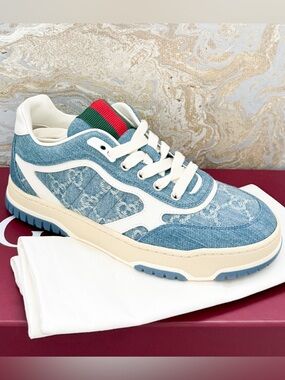 New! Gucci Denim Delave GG Monogram Womens Re-Web Sneakers
